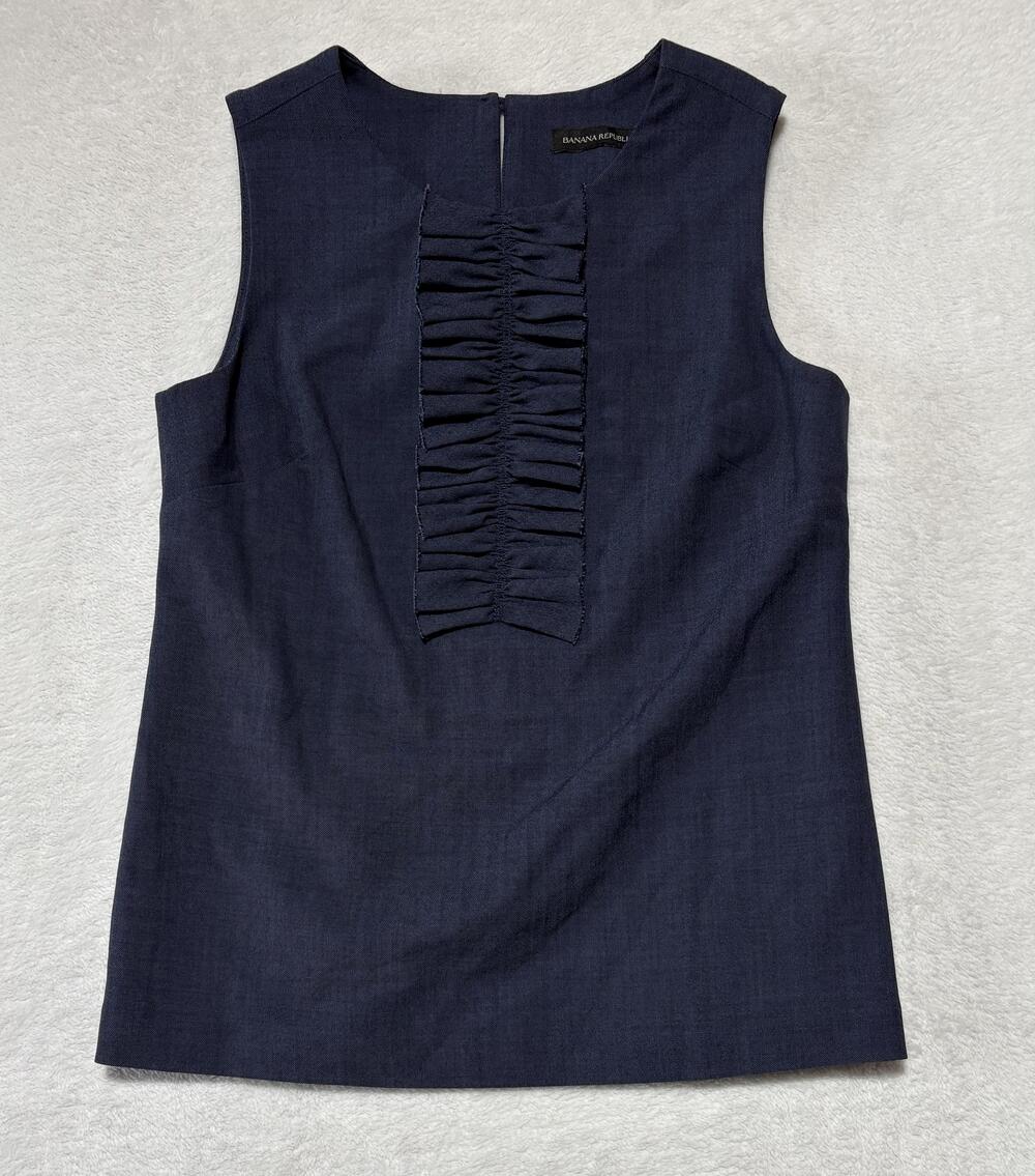 Banana Republic Shirt Womens 4 Navy Ruffle Front Sleeveless Wool Blend Lined